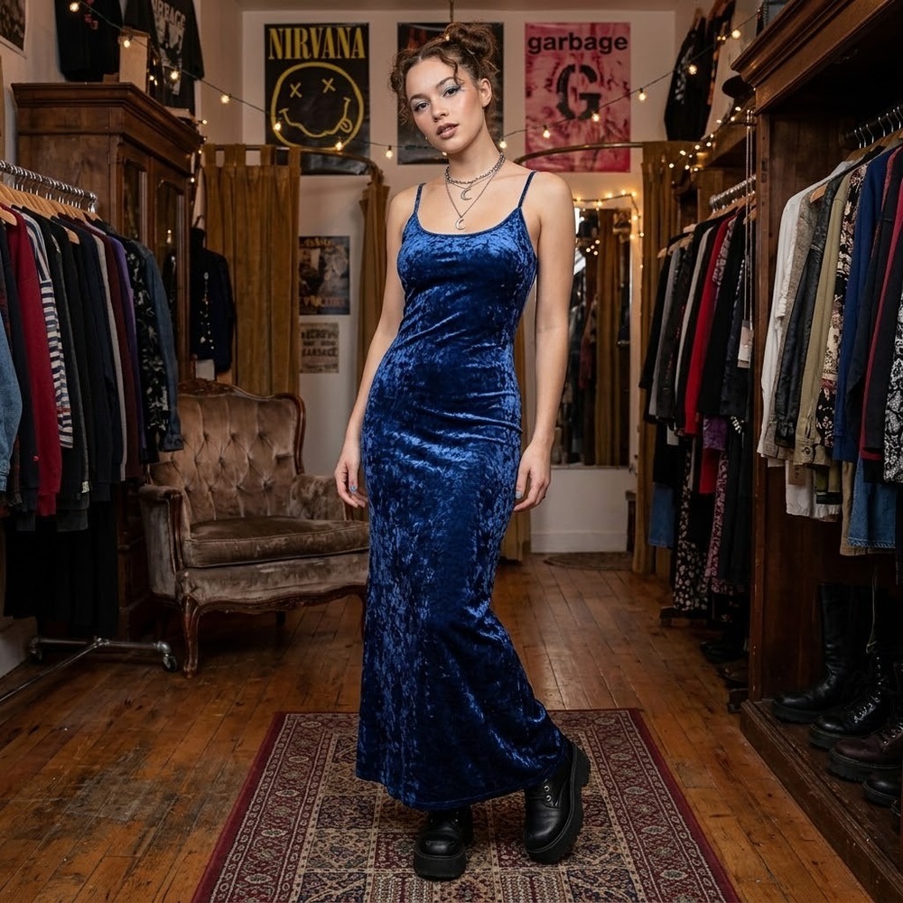 VTG 90s Y2K Blue Velvet Tank Maxi Dress Women's M Whimsigoth Fairy Grunge Hoco